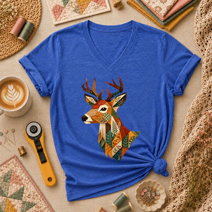 Patchwork Fall Deer Head Women's V-Neck - Heather True Royal