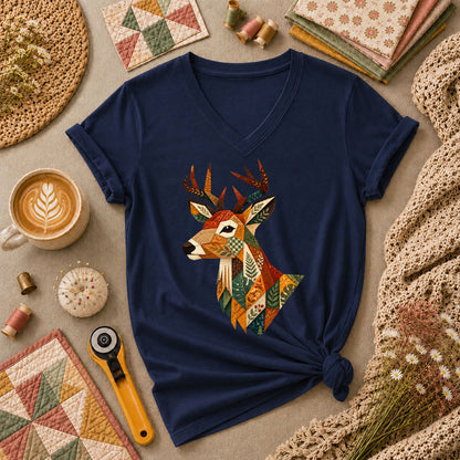 Patchwork Fall Deer Head Women's V-Neck - Navy