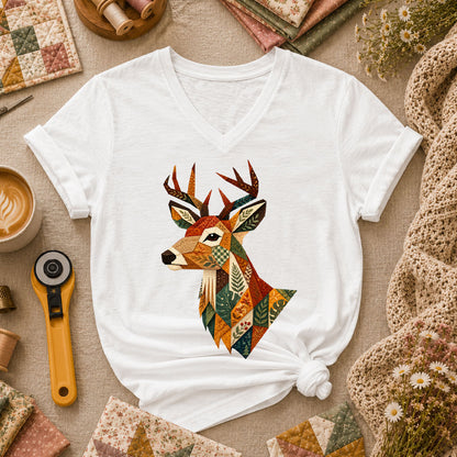 Patchwork Fall Deer Head Women's V-Neck - White