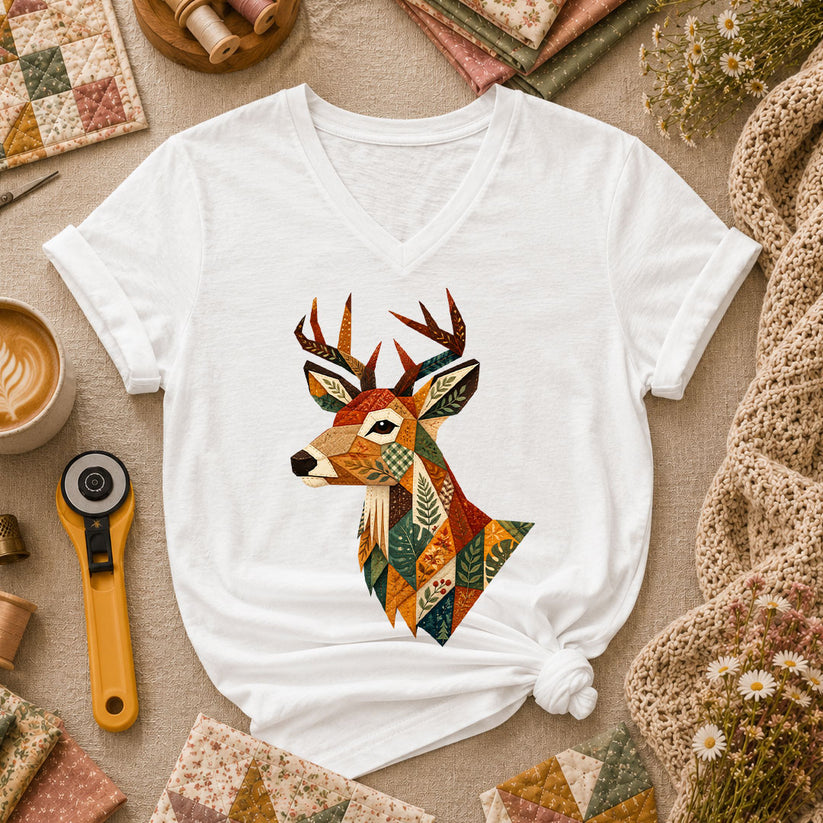 Patchwork Fall Deer Head Women's V-Neck - White