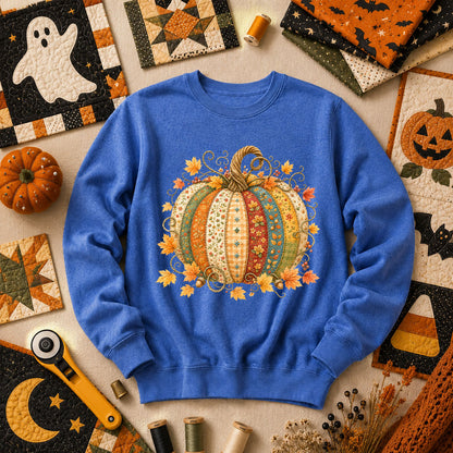 Patchwork Fall Pumpkin Long Sleeve - Heather True Royal