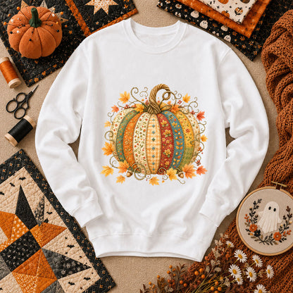 Patchwork Fall Pumpkin Long Sleeve - White