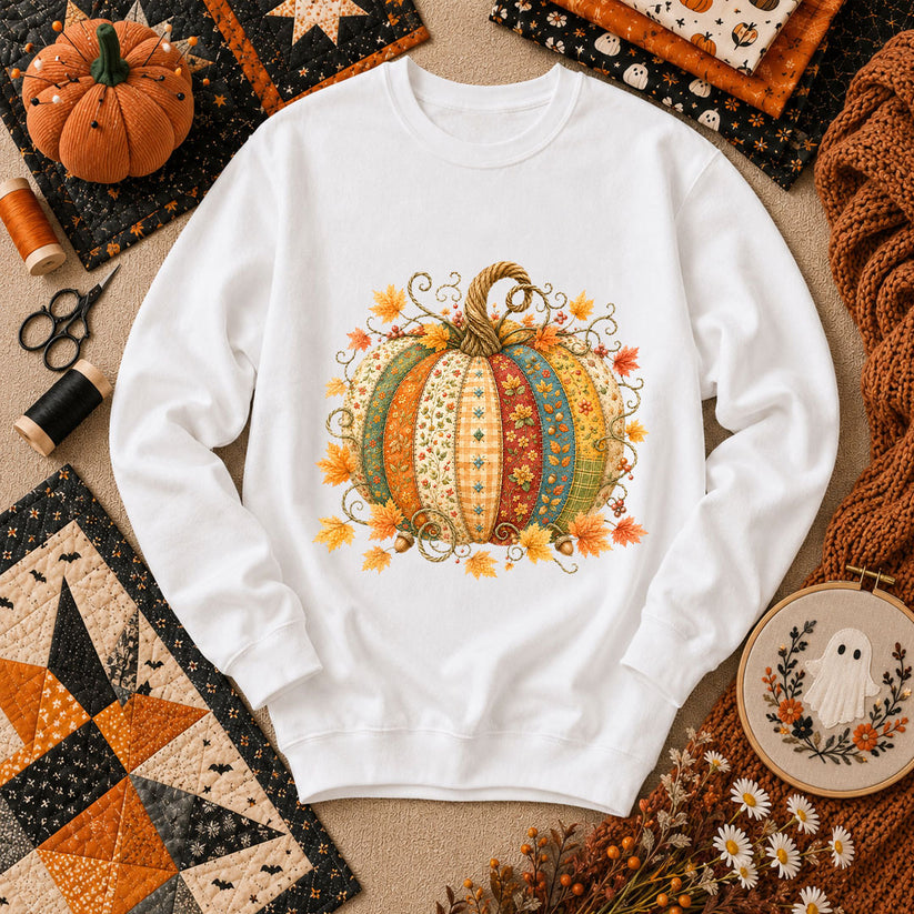 Patchwork Fall Pumpkin Long Sleeve - White