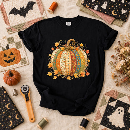 Patchwork Fall Pumpkin T-Shirt - Black