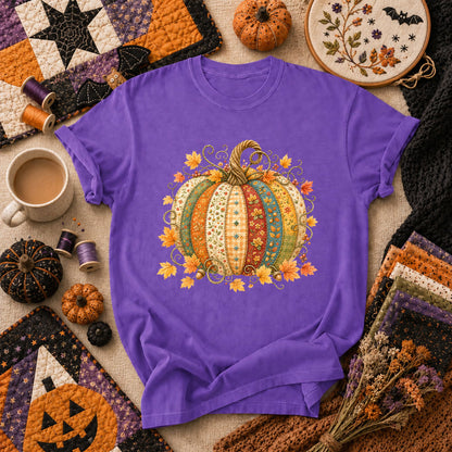 Patchwork Fall Pumpkin T-Shirt - Heather Team Purple