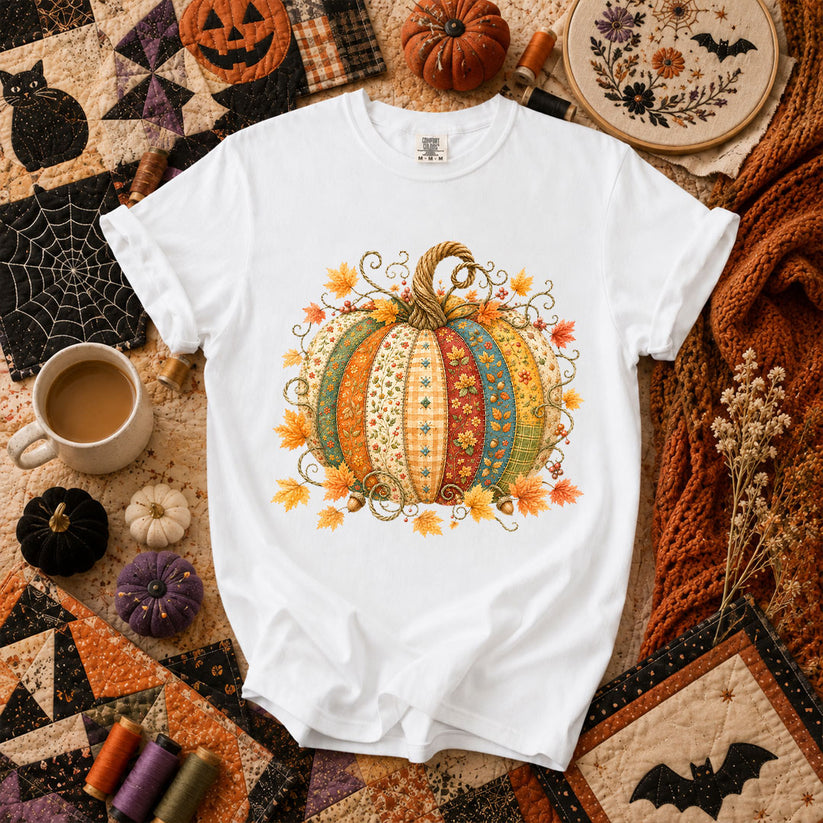 Patchwork Fall Pumpkin T-Shirt - White