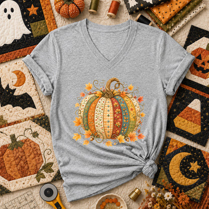 Patchwork Fall Pumpkin Women's V-Neck - Athletic Heather