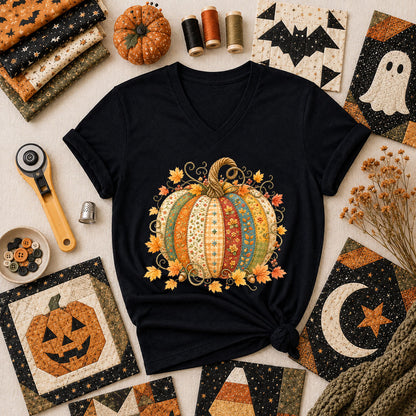 Patchwork Fall Pumpkin Women's V-Neck - Black