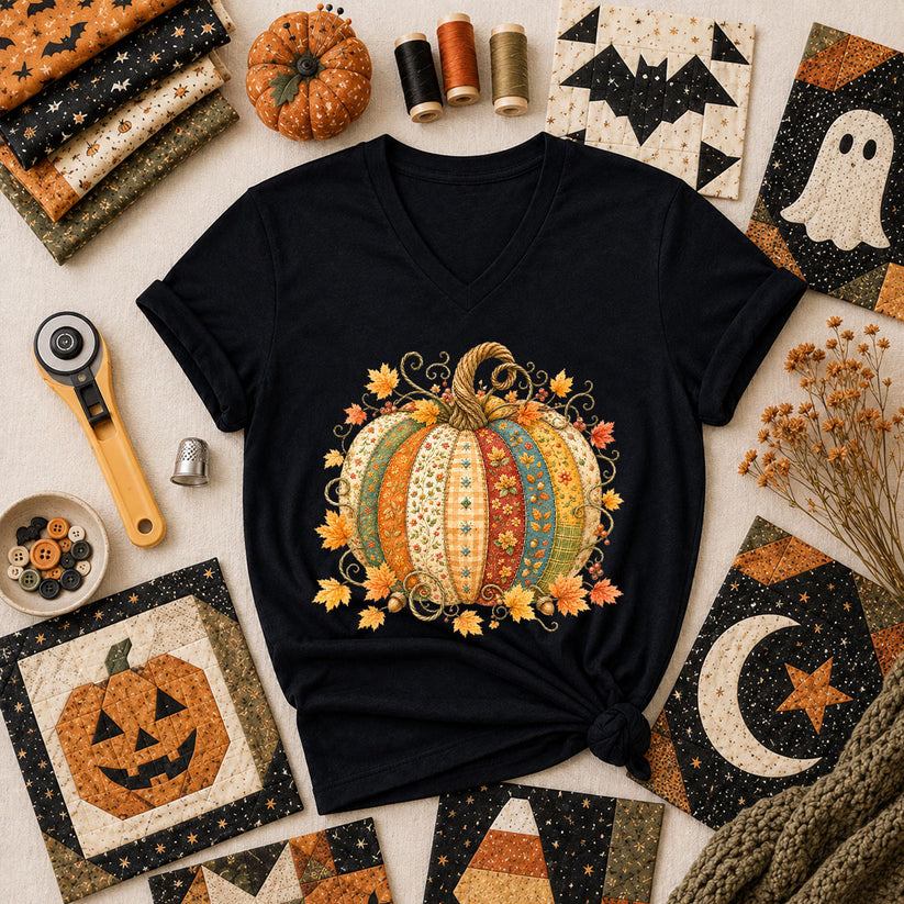 Patchwork Fall Pumpkin Women's V-Neck - Black