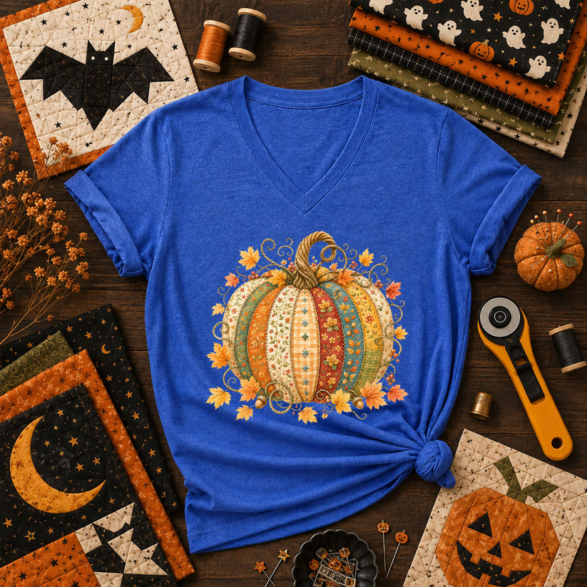 Patchwork Fall Pumpkin Women's V-Neck - Heather True Royal
