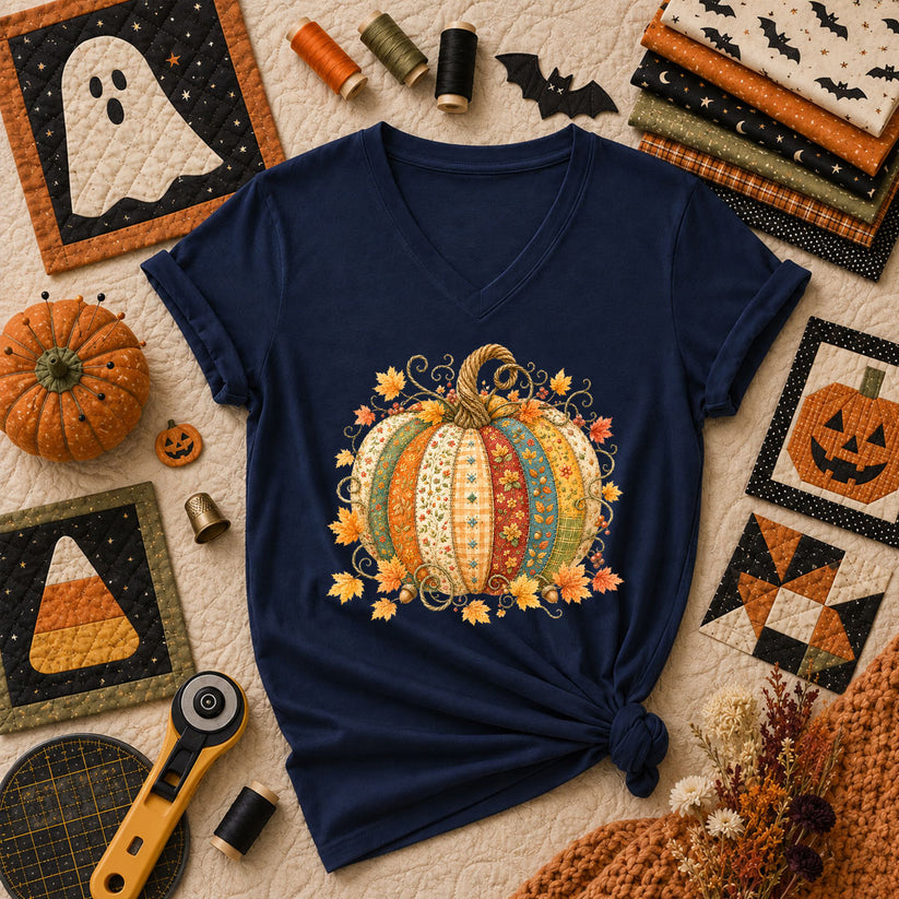 Patchwork Fall Pumpkin Women's V-Neck - Navy