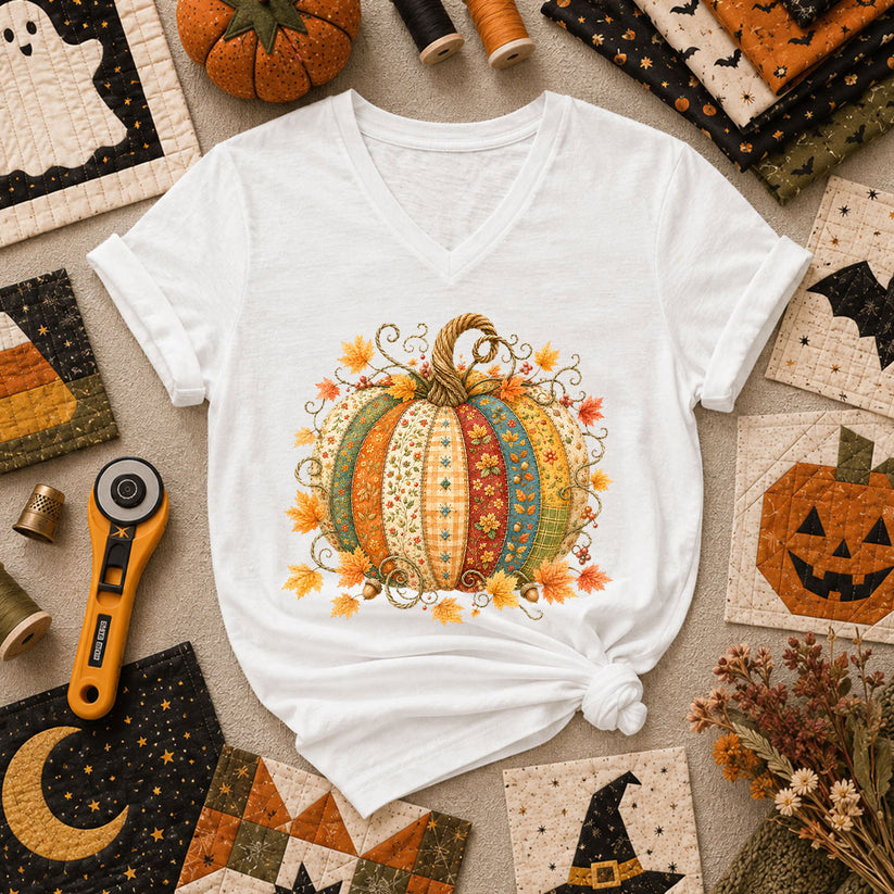 Patchwork Fall Pumpkin Women's V-Neck - White
