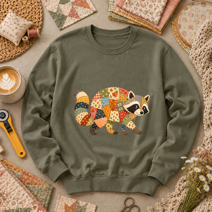 Patchwork Fall Raccoon Long Sleeve - Military Green