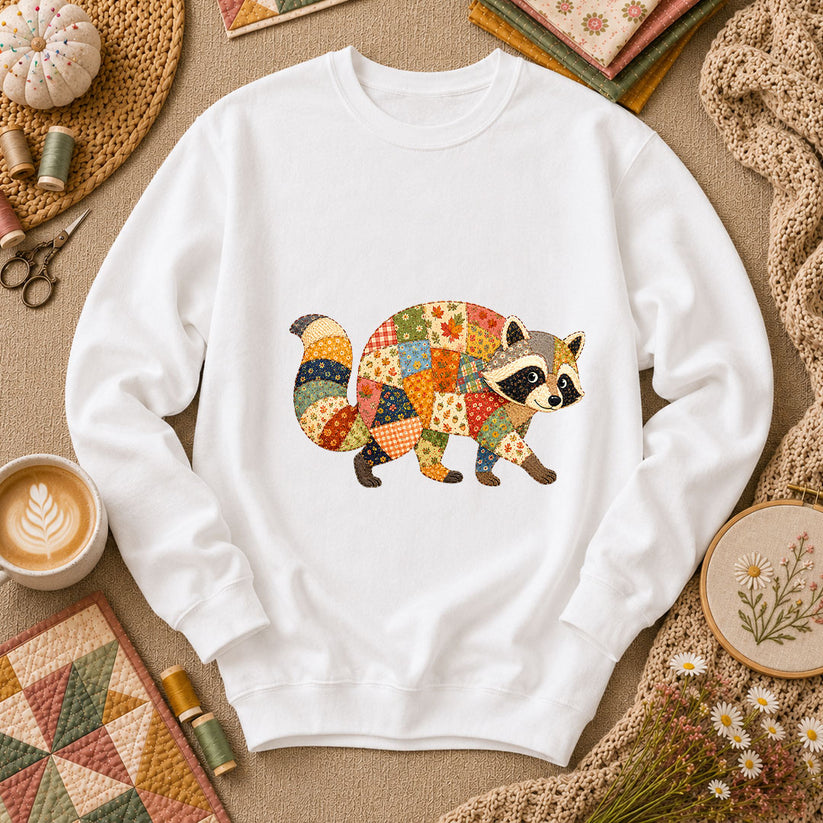 Patchwork Fall Raccoon Long Sleeve - White