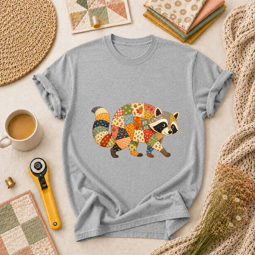 Patchwork Fall Raccoon T-Shirt - Athletic Heather