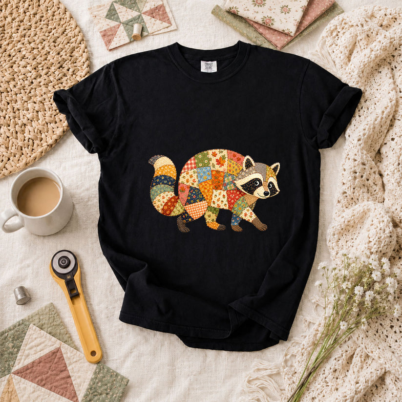 Patchwork Fall Raccoon T-Shirt - Black