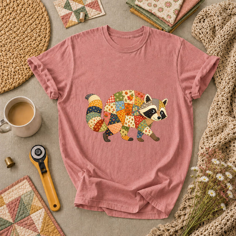 Patchwork Fall Raccoon T-Shirt - Heather Mauve
