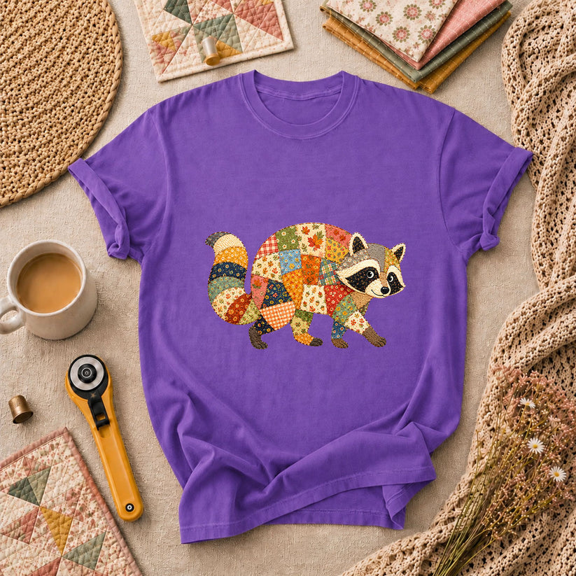 Patchwork Fall Raccoon T-Shirt - Heather Team Purple