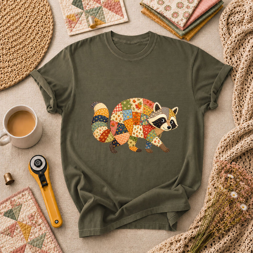 Patchwork Fall Raccoon T-Shirt - Military Green