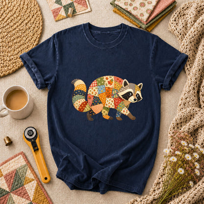 Patchwork Fall Raccoon T-Shirt - Navy