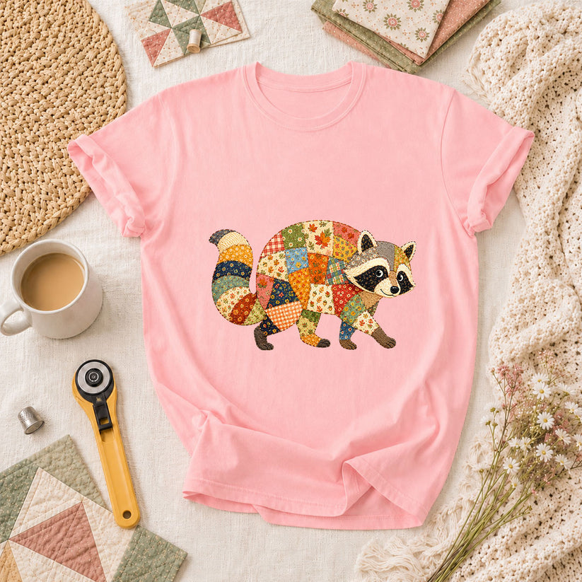 Patchwork Fall Raccoon T-Shirt - Pink