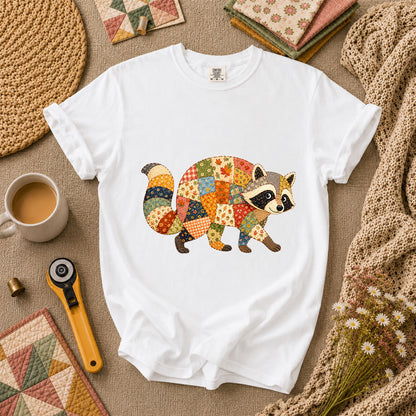Patchwork Fall Raccoon T-Shirt - White