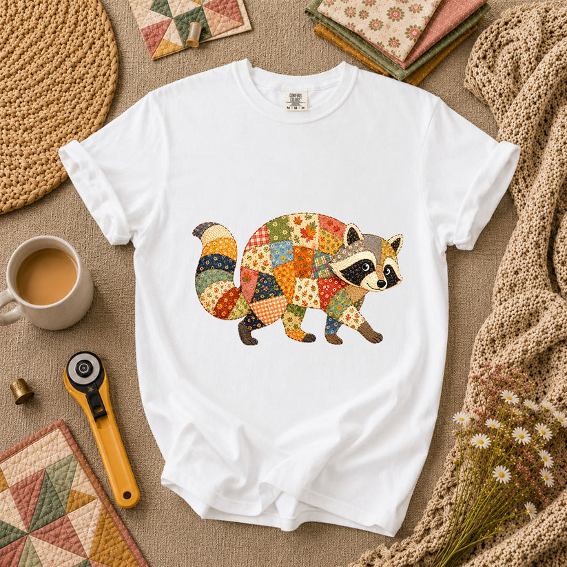 Patchwork Fall Raccoon T-Shirt - White