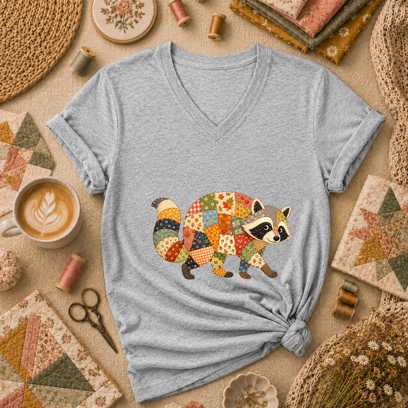 Patchwork Fall Raccoon Women's V-Neck - Athletic Heather