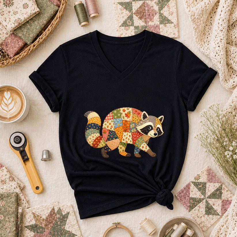 Patchwork Fall Raccoon Women's V-Neck - Black