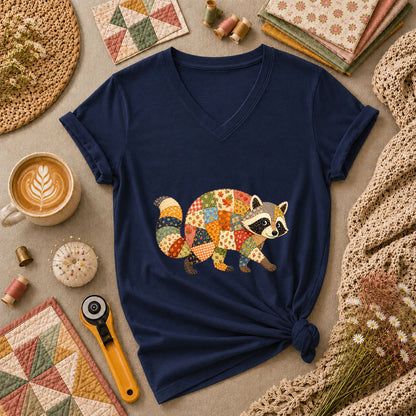Patchwork Fall Raccoon Women's V-Neck - Navy