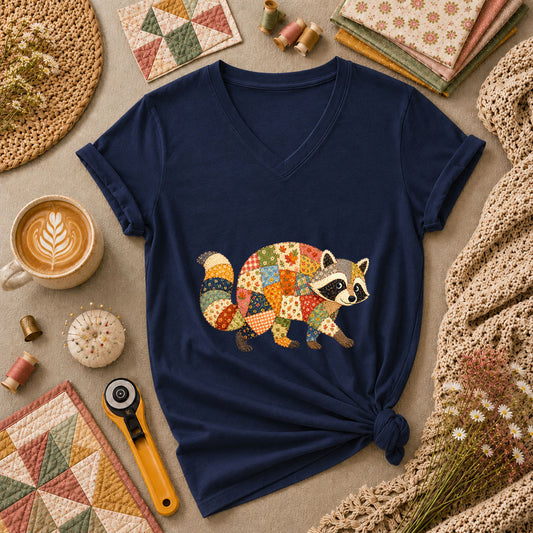 Patchwork Fall Raccoon Women's V-Neck