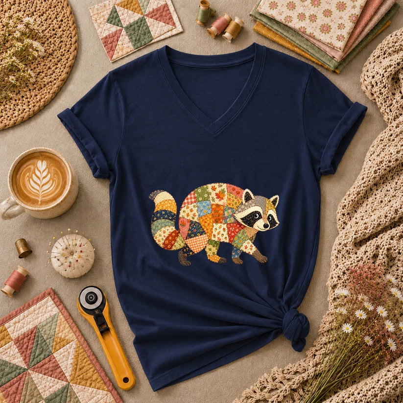 Patchwork Fall Raccoon Women's V-Neck - Navy