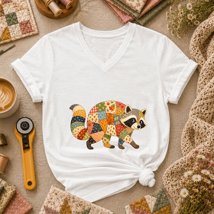 Patchwork Fall Raccoon Women's V-Neck - White
