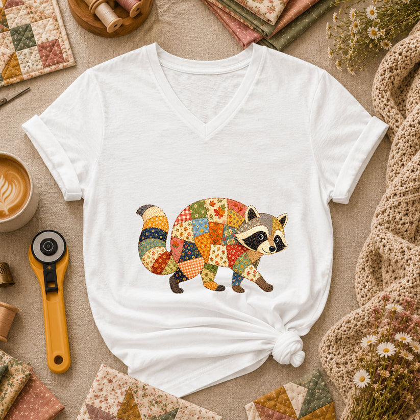 Patchwork Fall Raccoon Women's V-Neck - White