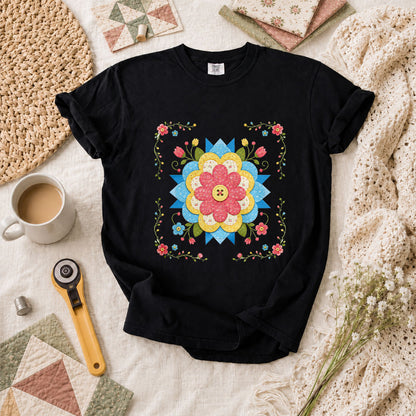 Patchwork Floral Quilt Block Bordered T-Shirt - Black