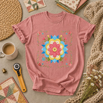 Patchwork Floral Quilt Block Bordered T-Shirt - Heather Mauve