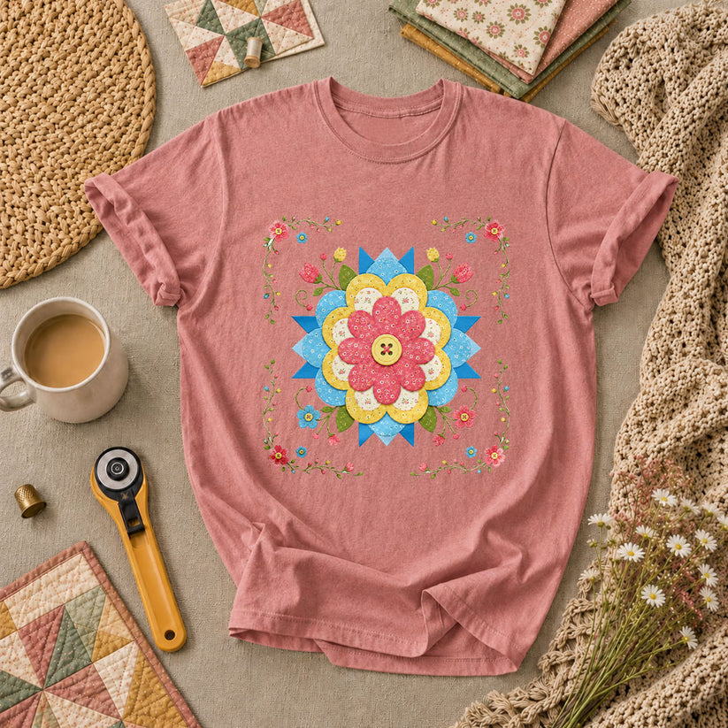 Patchwork Floral Quilt Block Bordered T-Shirt - Heather Mauve