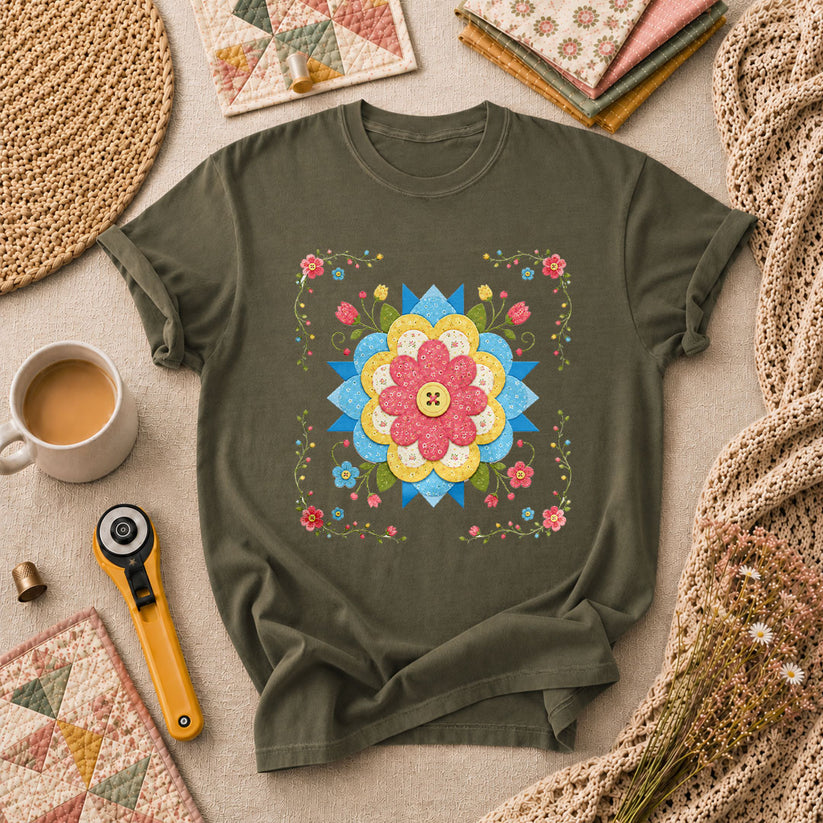 Patchwork Floral Quilt Block Bordered T-Shirt - Military Green