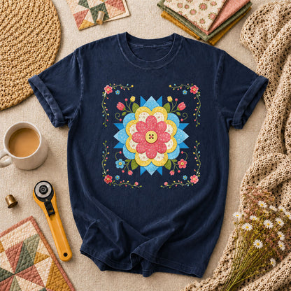 Patchwork Floral Quilt Block Bordered T-Shirt - Navy