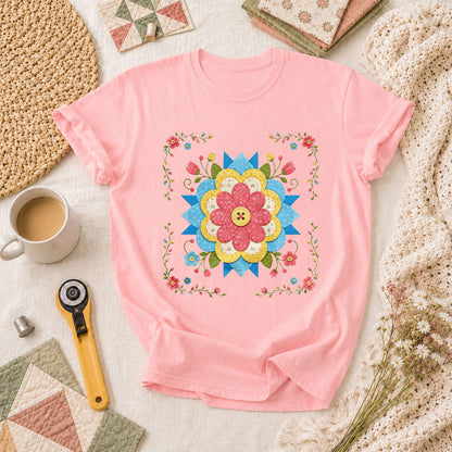 Patchwork Floral Quilt Block Bordered T-Shirt - Pink