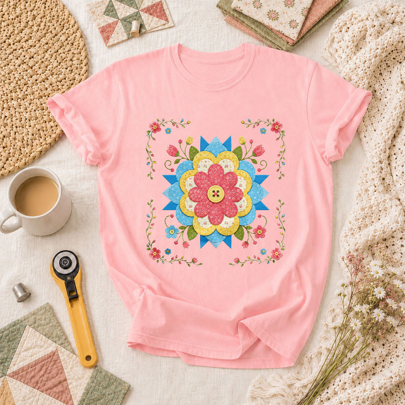 Patchwork Floral Quilt Block Bordered T-Shirt - Pink