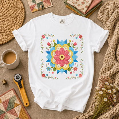 Patchwork Floral Quilt Block Bordered T-Shirt - White