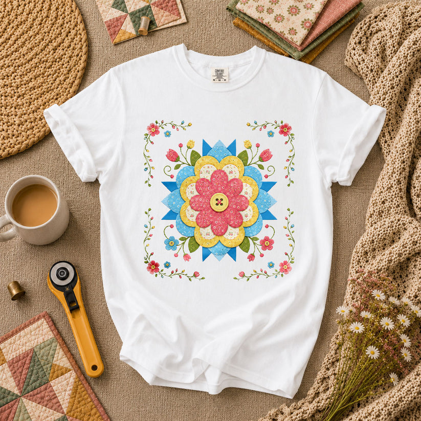 Patchwork Floral Quilt Block Bordered T-Shirt - White