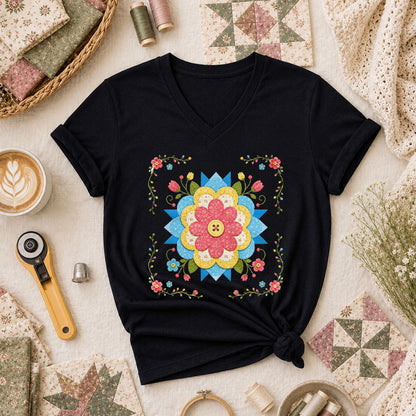Patchwork Floral Quilt Block Bordered Women's V-Neck - Black