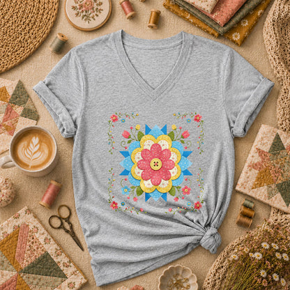 Patchwork Floral Quilt Block Bordered Women's V-Neck - Sport Grey