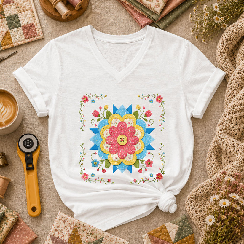 Patchwork Floral Quilt Block Bordered Women's V-Neck - White