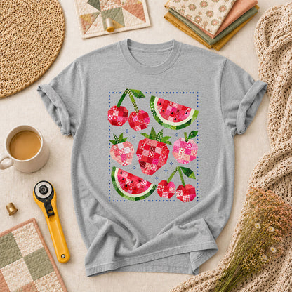 Patchwork Fruits Cherries Watermelon Strawberries T-Shirt - Athletic Heather