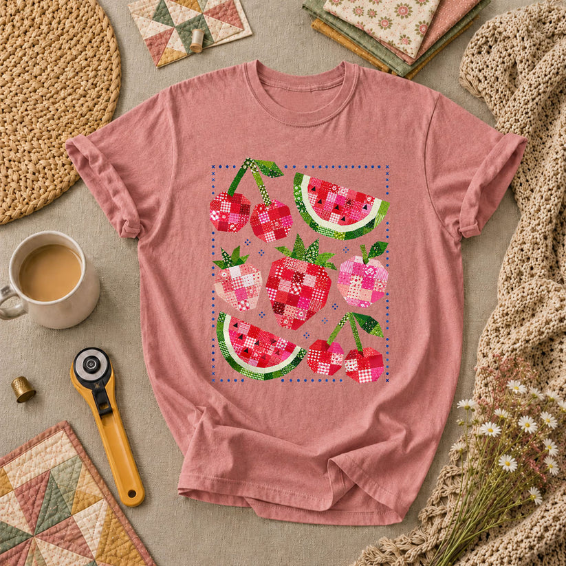 Patchwork Fruits Cherries Watermelon Strawberries T-Shirt - Heather Mauve