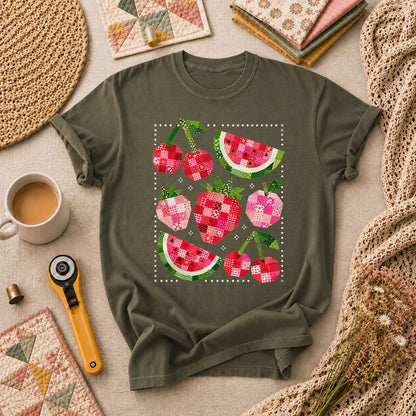 Patchwork Fruits Cherries Watermelon Strawberries T-Shirt - Military Green