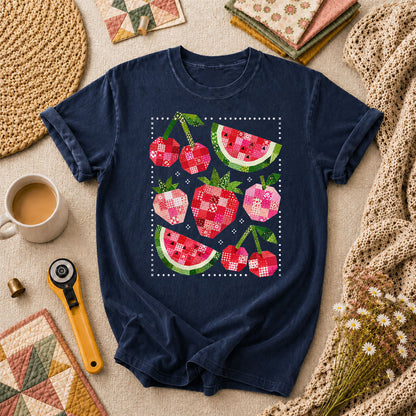 Patchwork Fruits Cherries Watermelon Strawberries T-Shirt - Navy